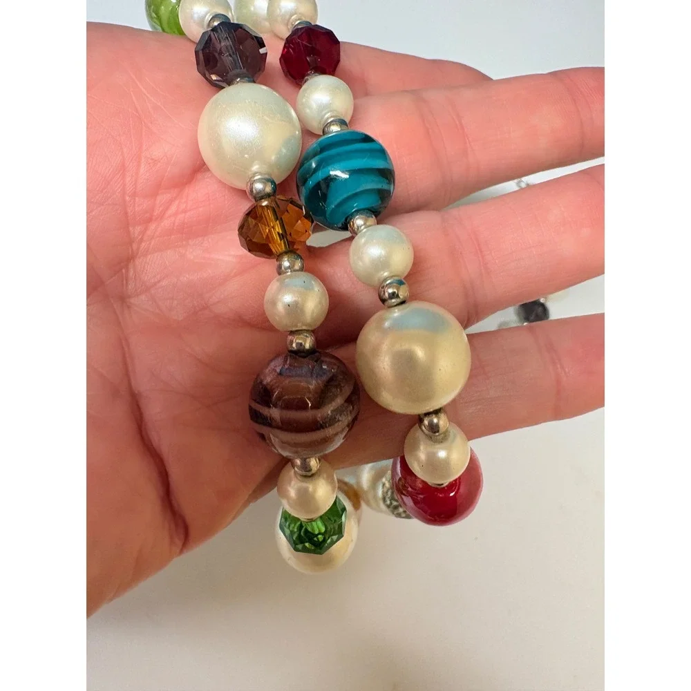 Multicolor Double Strand Beaded Necklace Faux Pearl Art Glass Statement Silver